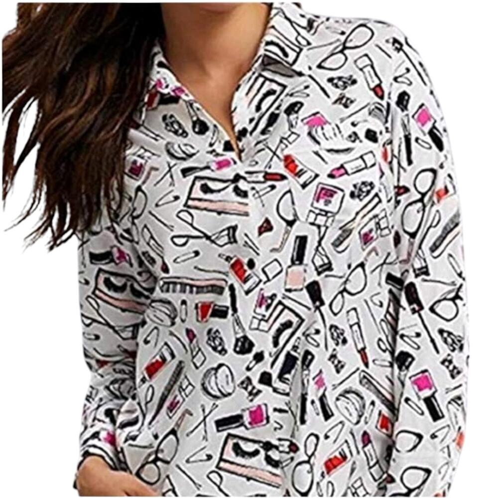 Kate Spade White Makeup Print Cotton Long Sleeve Pajama PJ Top